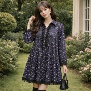 YAS Floral Lace Trim Dress Size M 100% Cotton